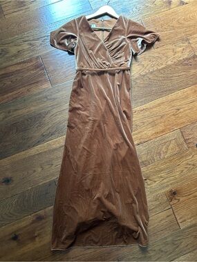 DB Studio Juniors Bridesmaid Velvet Wrap Maxi Dress in Tawny Brown - Size 8